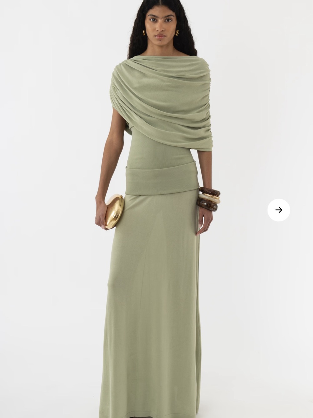 Arakii Mela Knitted Dress -

Draped Olive Green Maxi Dress with Asymmetric Bodic
